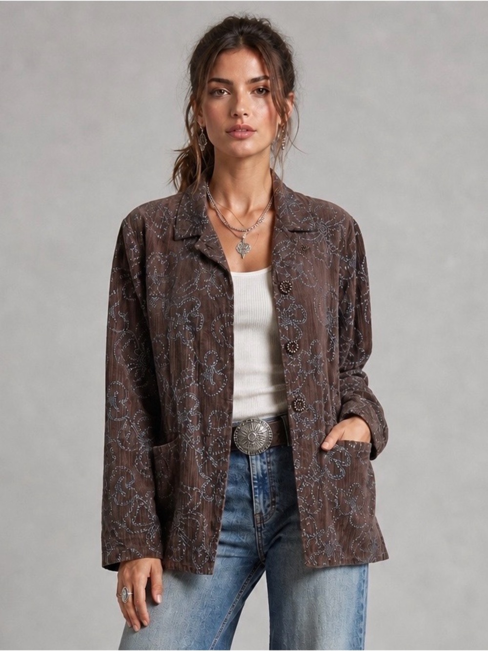 Flax Corduroy Jacket S Brown Floral Embroidered Lagenlook Boho Cotton Blazer